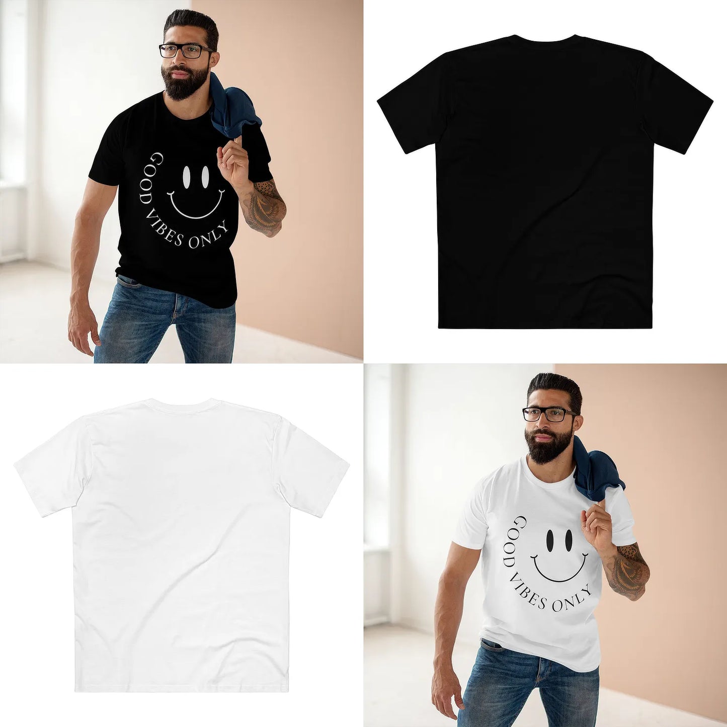 Four-image collage: top-left black AS Colour 5001 tee lifestyle front; top-right black tee back (blank); bottom-left white tee back (blank); bottom-right white tee lifestyle front; minimalist front-only design.