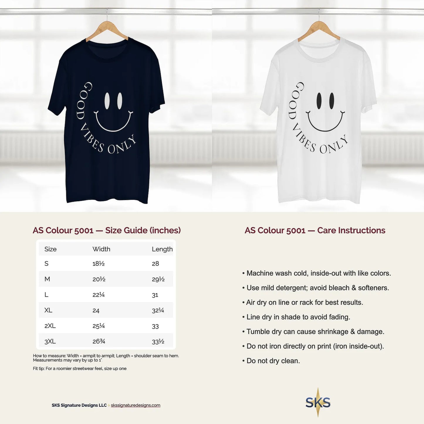 Four-image collage: top-left navy AS Colour 5001 tee context/front; top-right white tee context/front; bottom-left 5001 size guide; bottom-right 5001 care guide; minimalist front-only design.
