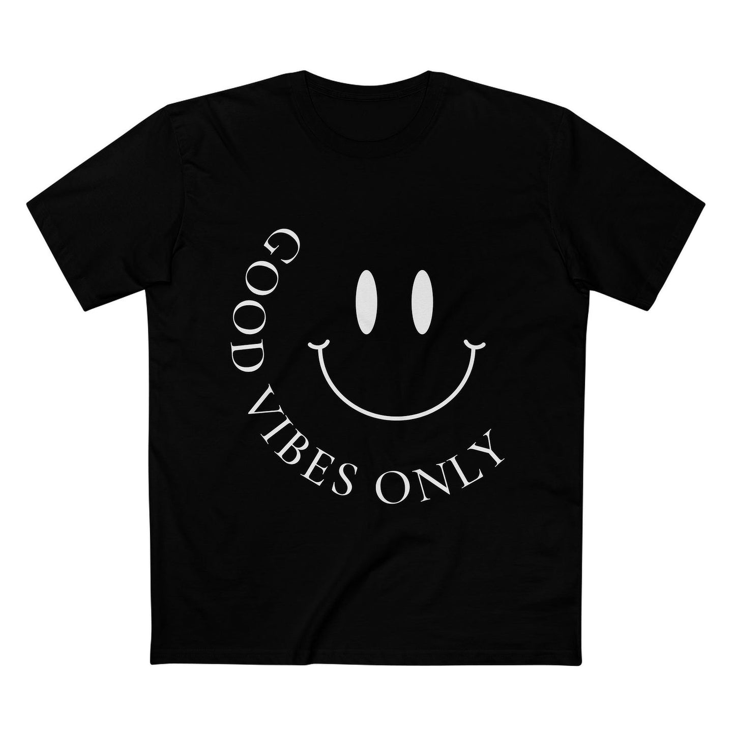 Front view of black AS Colour 5001 tee with white minimalist “Good Vibes Only” smiley print.