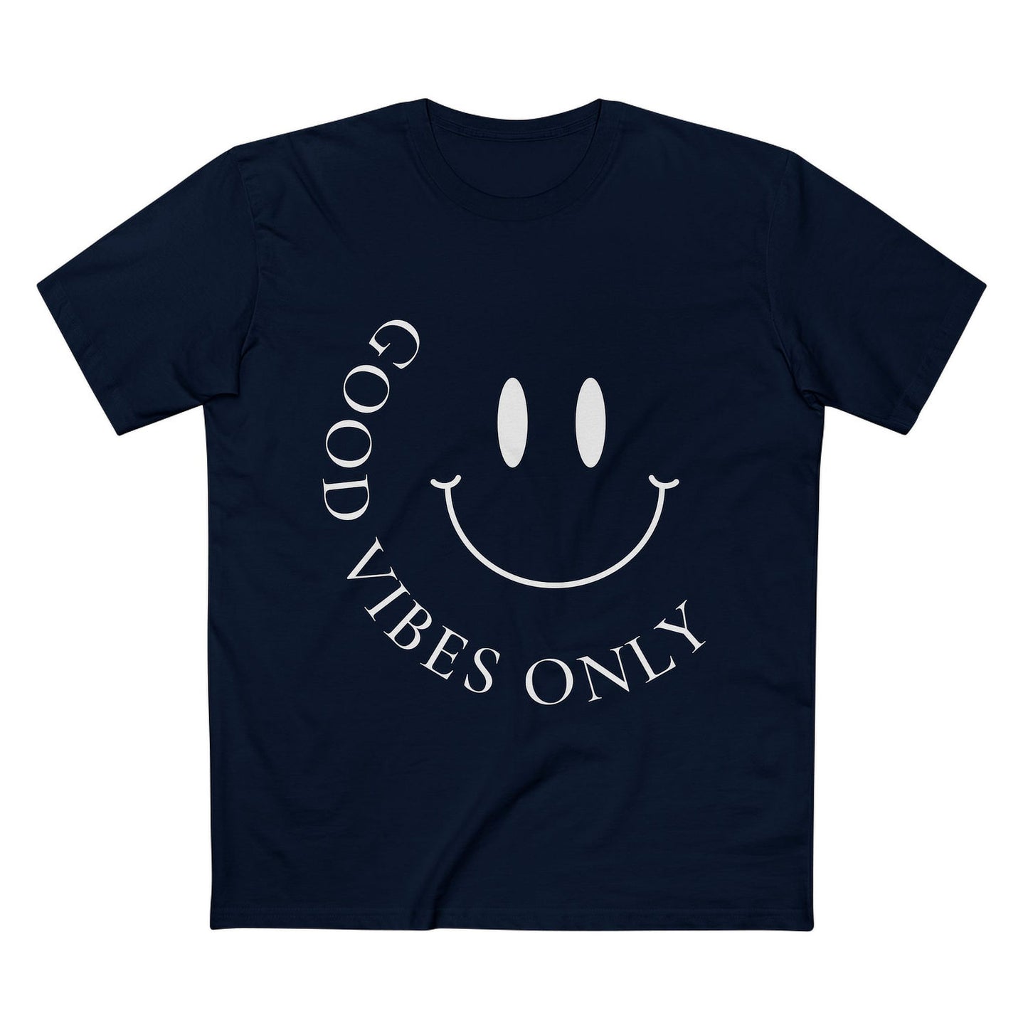 Front view of navy AS Colour 5001 tee with white minimalist “Good Vibes Only” smiley print.