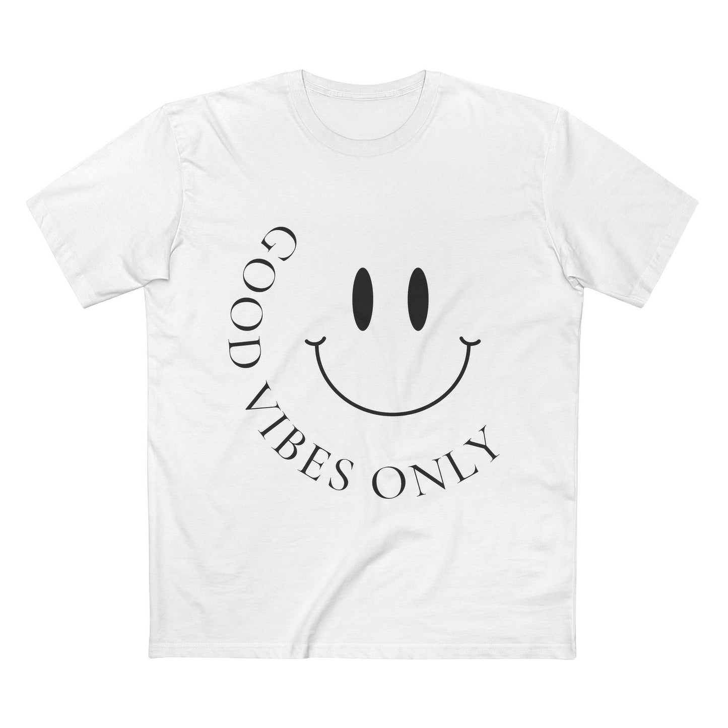 Front view of white AS Colour 5001 tee with black minimalist “Good Vibes Only” smiley print.