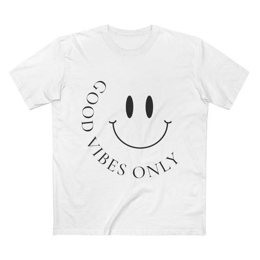 Front view of white AS Colour 5001 tee with black minimalist “Good Vibes Only” smiley print.