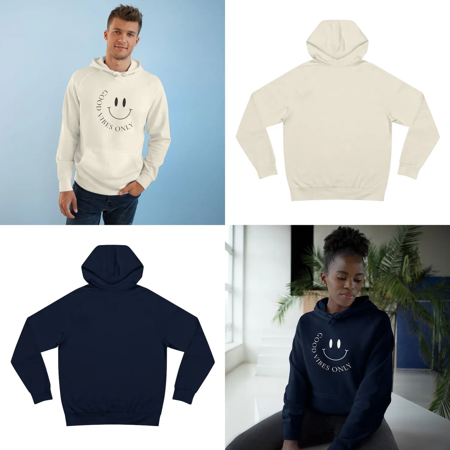 Four-image collage: top-left male lifestyle ecru AS Colour 5101 hoodie front; top-right ecru hoodie back (blank); bottom-left navy hoodie back (blank); bottom-right female lifestyle navy hoodie front; minimalist front-only design.