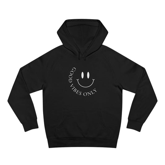 Front view of black AS Colour 5101 hoodie with white minimalist “Good Vibes Only” smiley print.