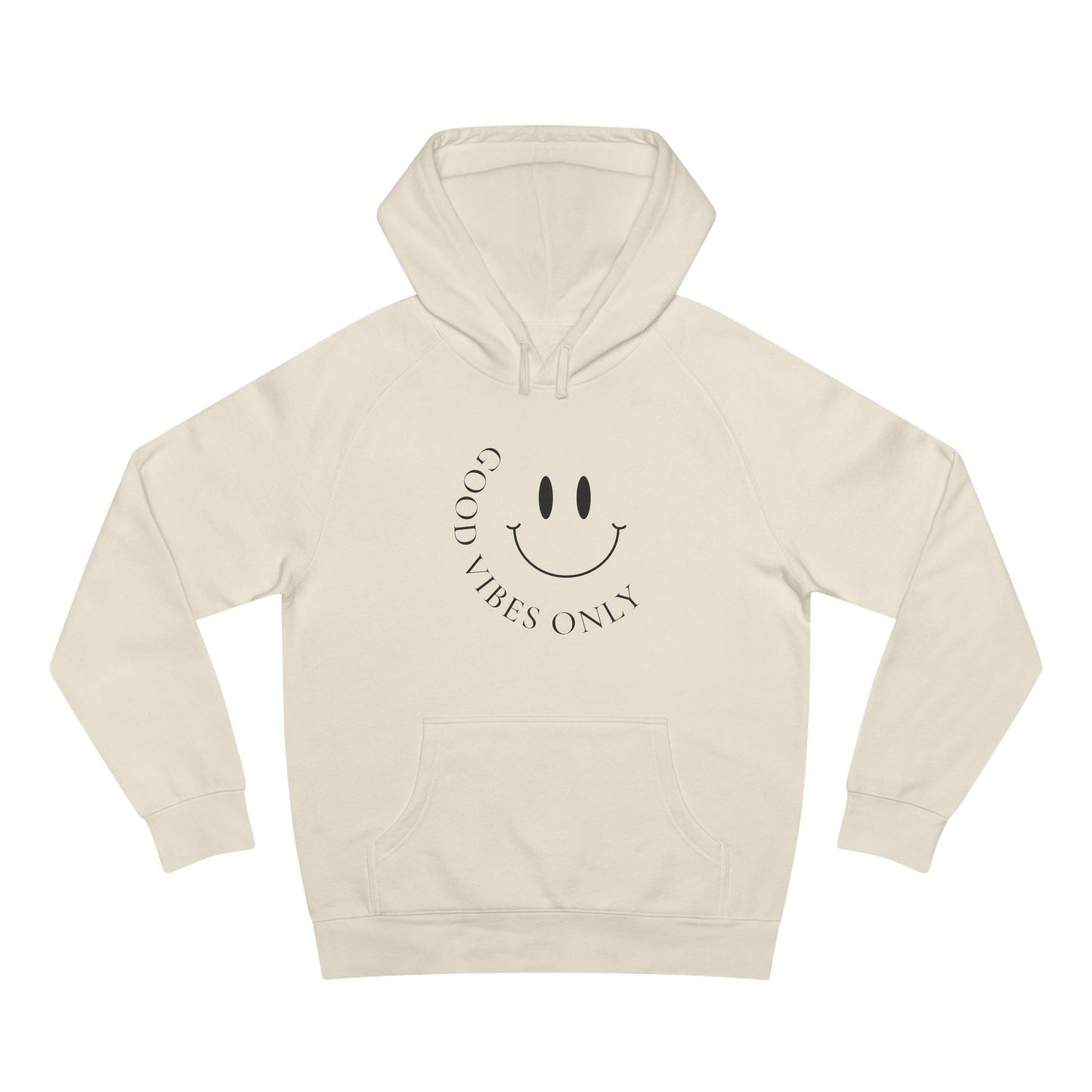 Front view of ecru AS Colour 5101 hoodie with black minimalist “Good Vibes Only” smiley print.