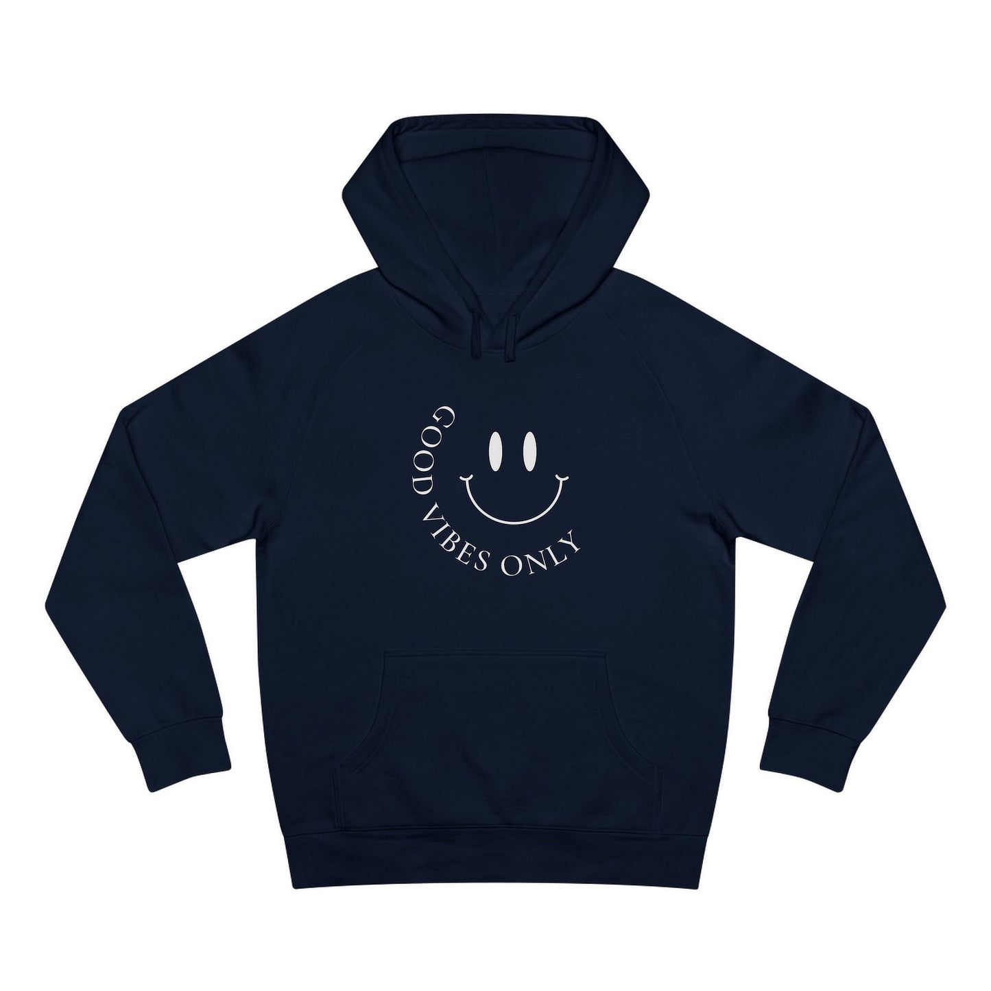Front view of navy AS Colour 5101 hoodie with white minimalist “Good Vibes Only” smiley print.