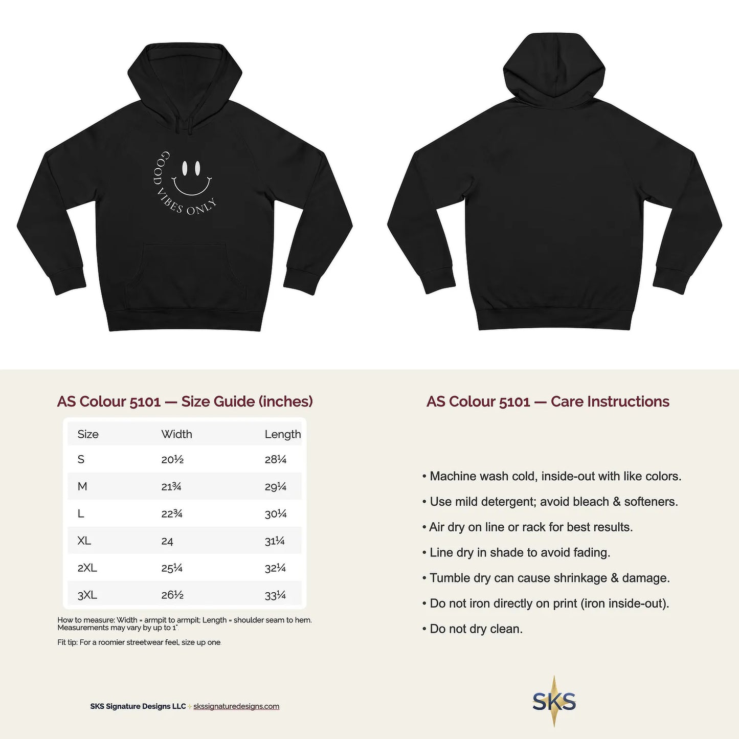 Four-image collage: top-left black AS Colour 5101 hoodie front; top-right black hoodie back (blank); bottom-left 5101 size guide; bottom-right 5101 care guide; minimalist front-only design.