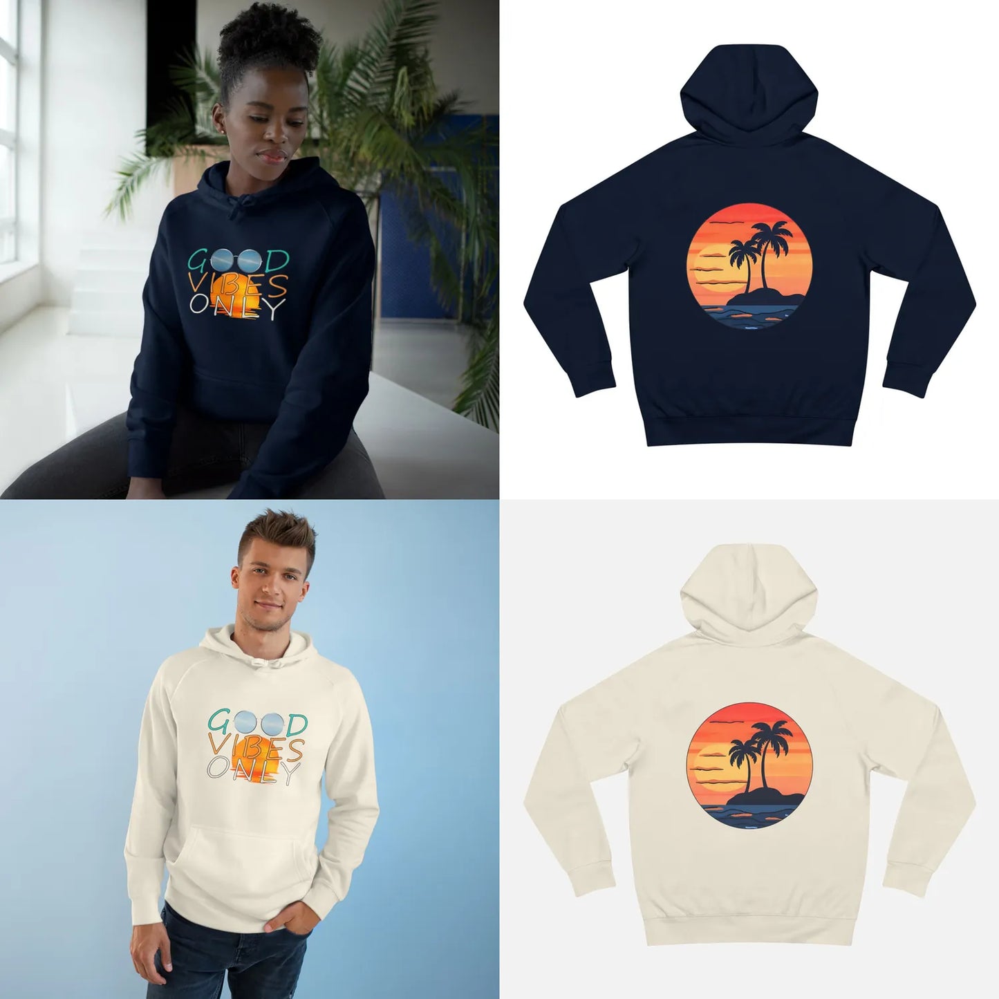 hoodie front in use and back views, navy and acru, good vibes only, as colour 5101