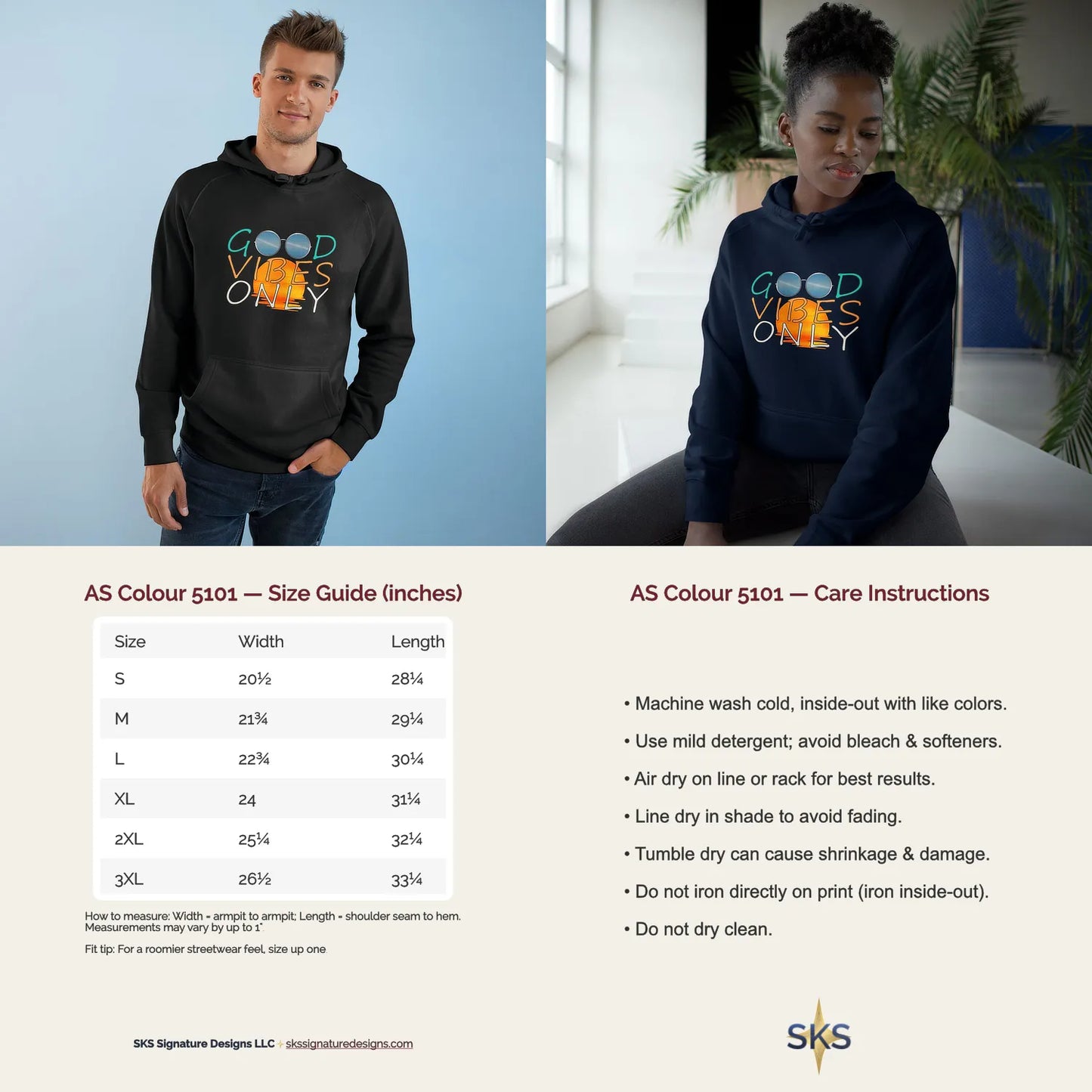 navy hoodie lifestyle images with size guide and care guide, good vibes only, as colour 5101