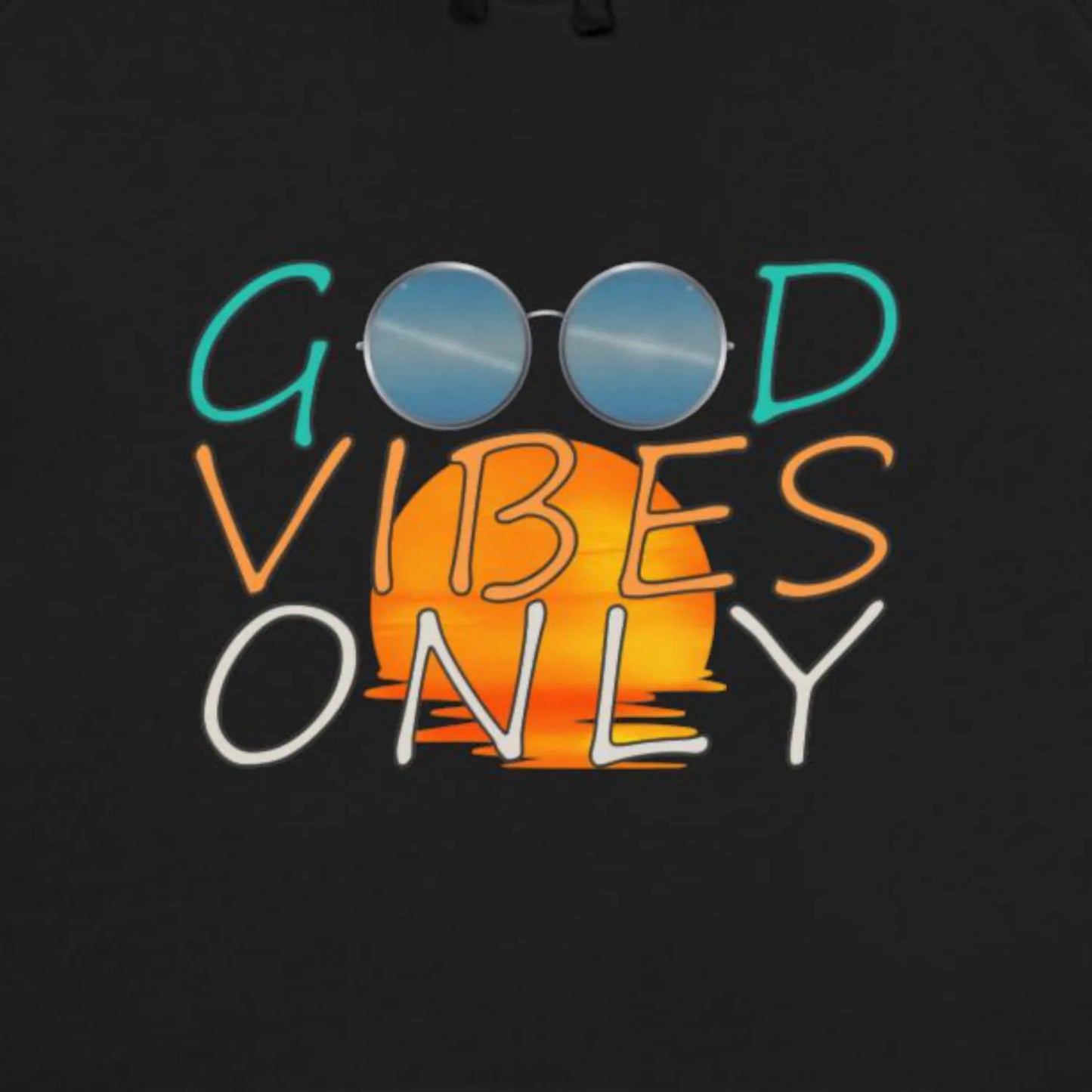 front print close-up, black, good vibes only hoodie, as colour 5101