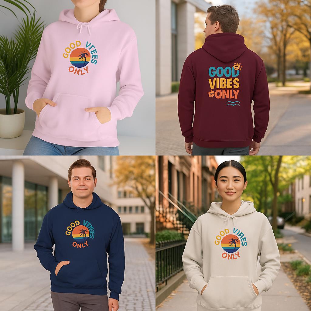 Lifestyle collage of Good Vibes hoodies in Pink, Maroon, Navy, and Sand worn casually