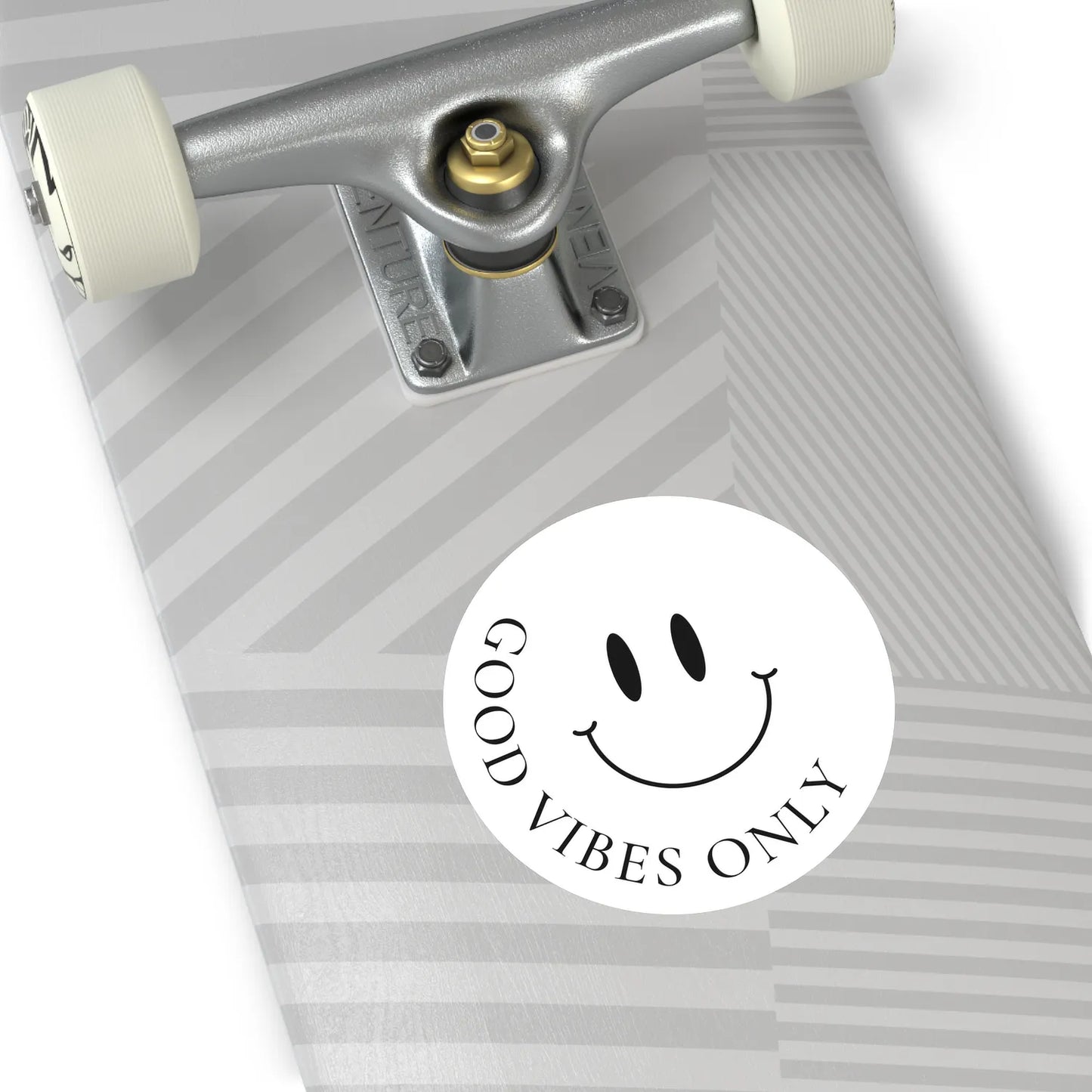 good vibes only smiley sticker on skateboard, minimal round design — soft-matte (4-inch)