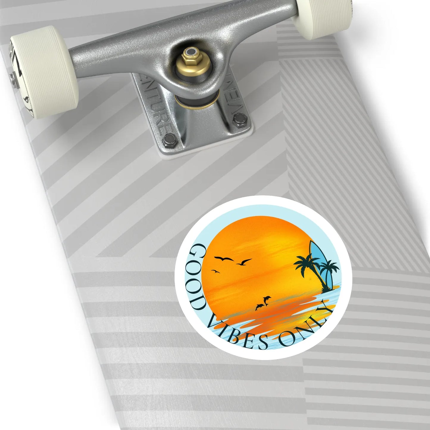 good vibes only sunset surfboard round sticker on skateboard — soft-matte (4-inch)