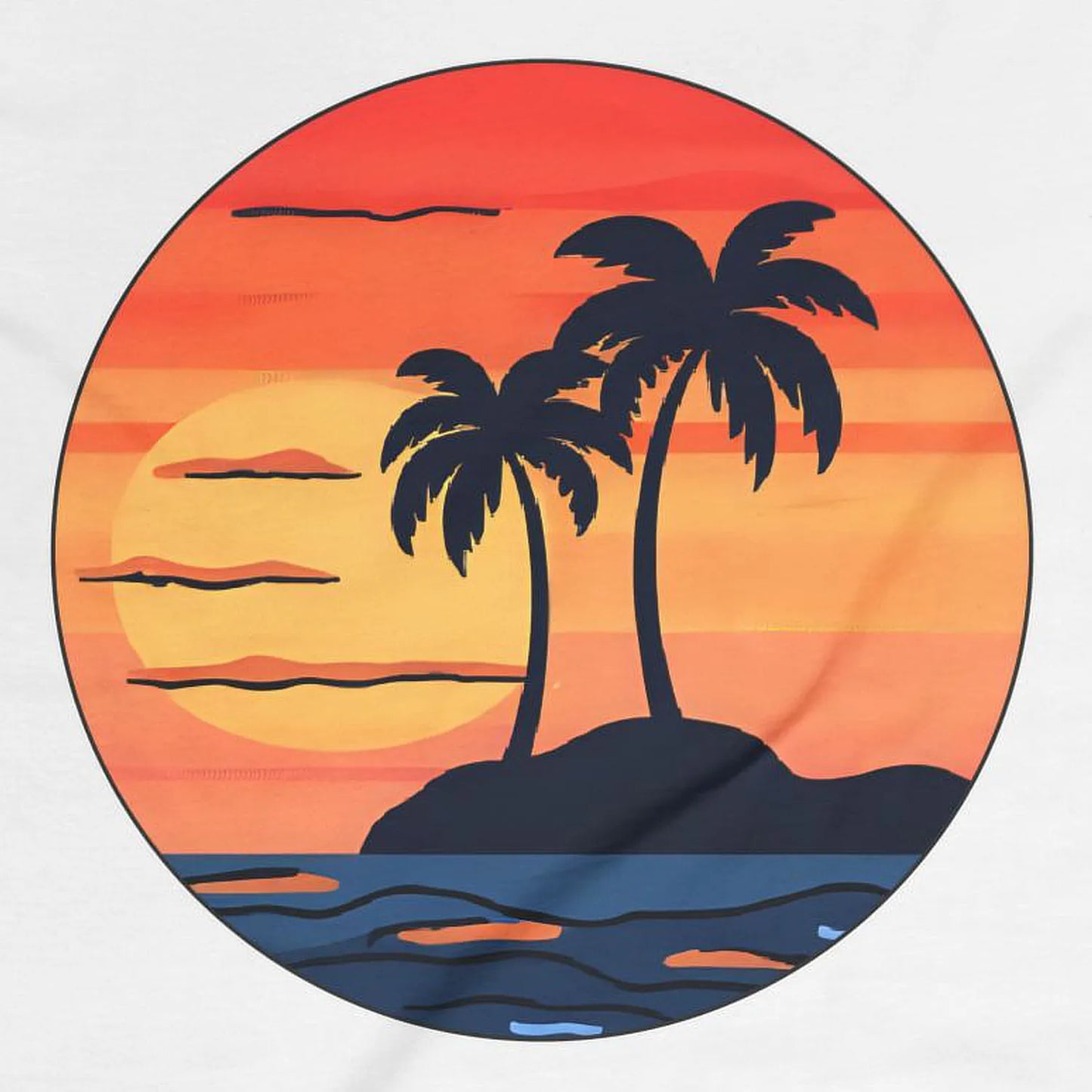 Good Vibes Only T-shirt — detail: print texture, white, back close-up, round sunset-palms print detail, DTG print