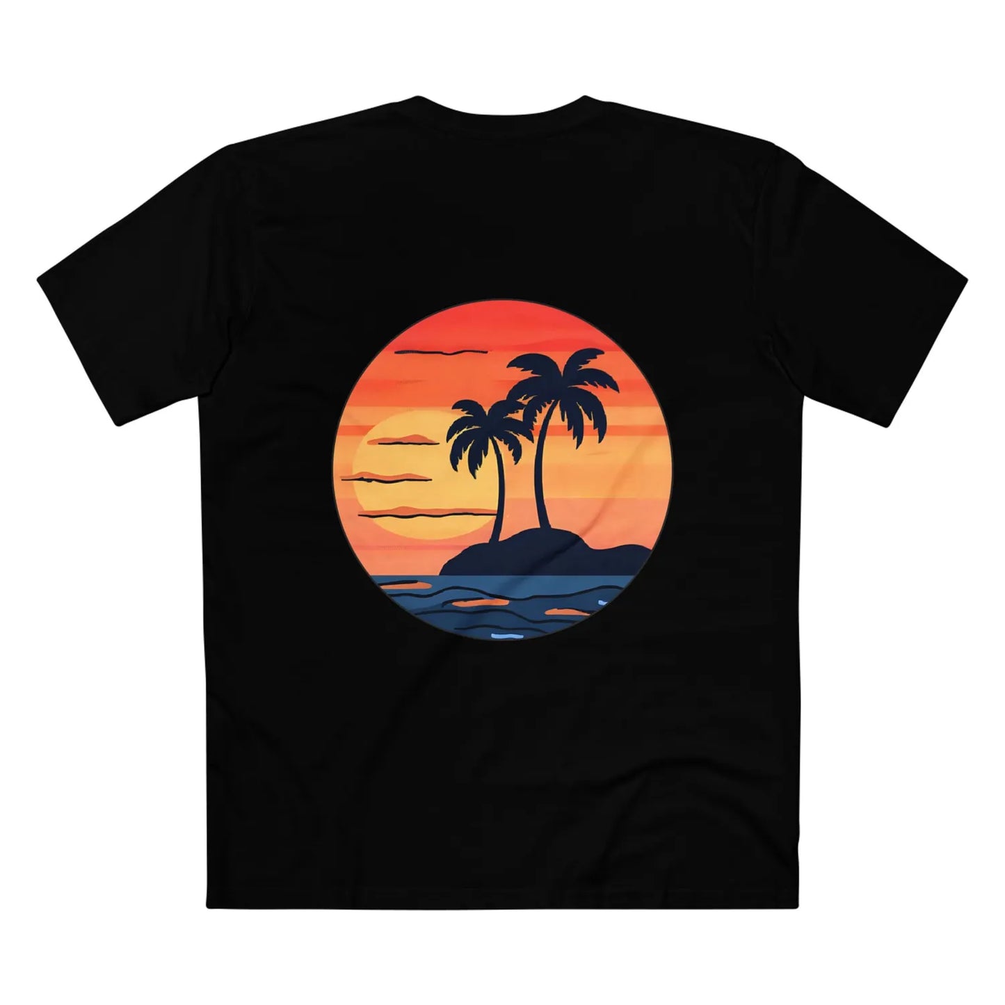 Good Vibes Only T-shirt — back graphic, black, sunset-palms graphic, DTG print.