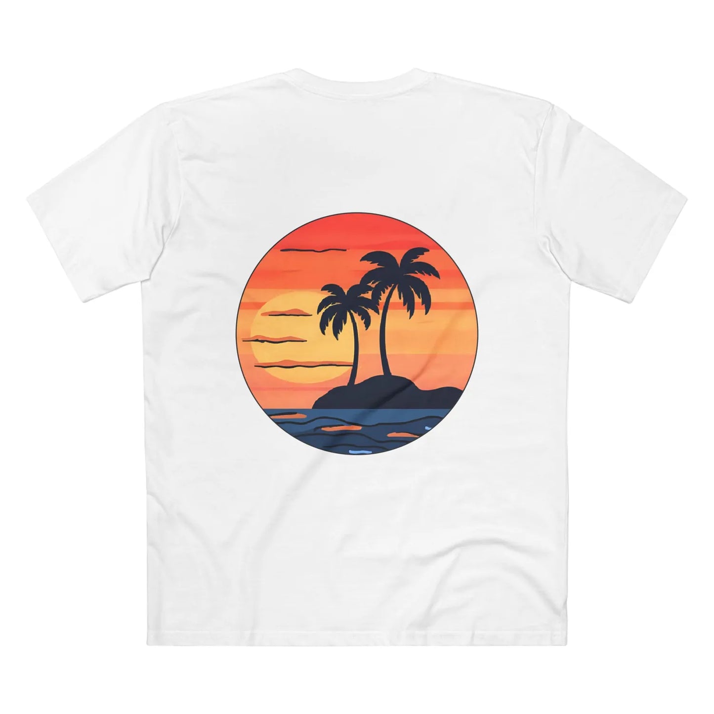 Good Vibes Only T-shirt — back graphic, white, sunset-palms graphic, DTG print.