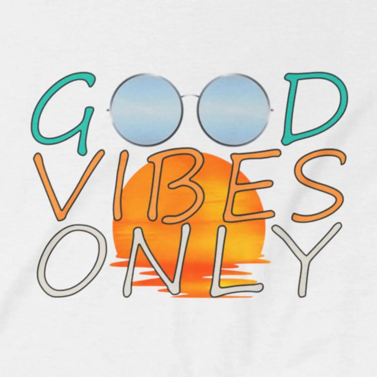 Good Vibes Only T-shirt — detail: print texture, white, front close-up, blue mirrored sunglasses, beach sunset, DTG print.
