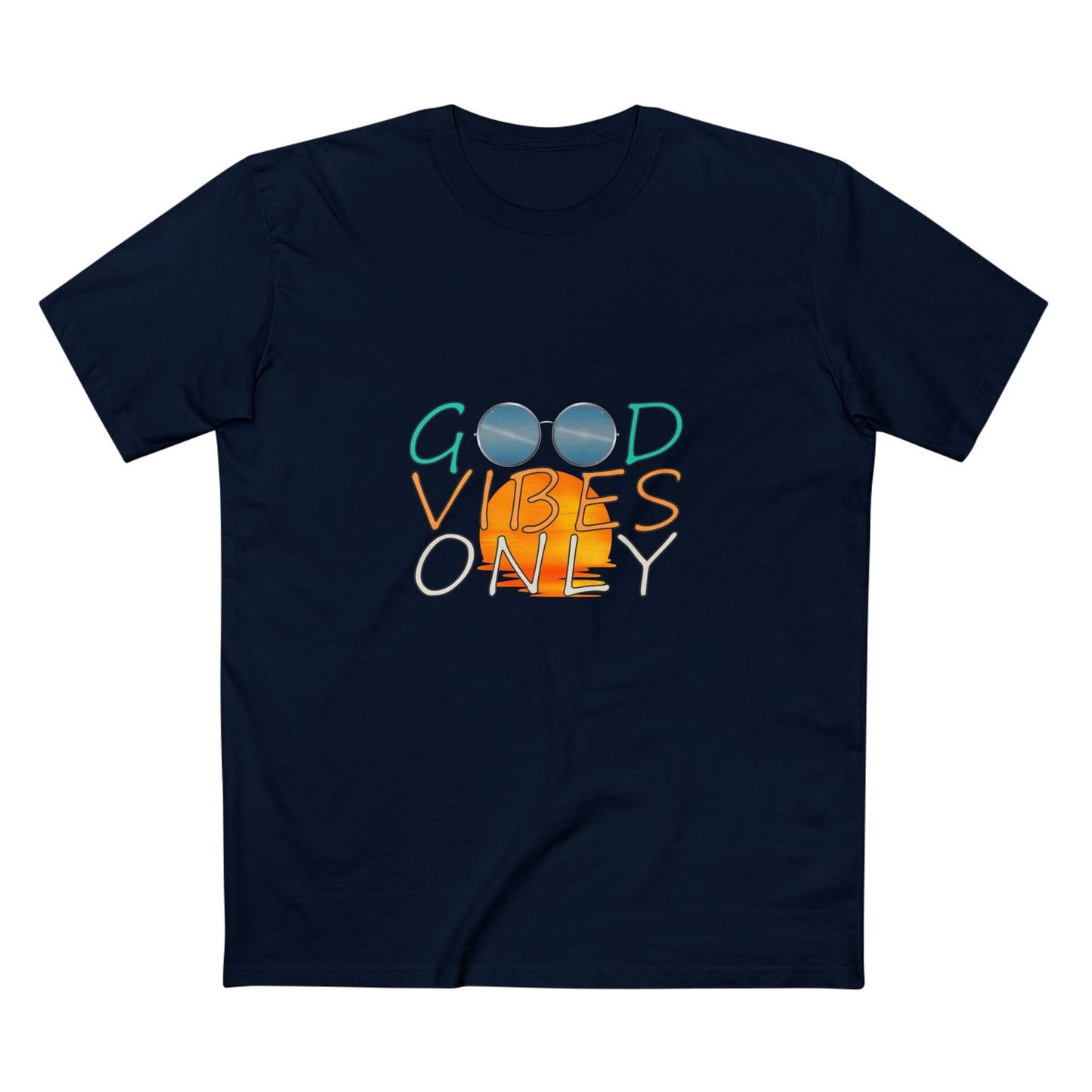 Good Vibes Only T-shirt — front graphic, navy, blue mirrored sunglasses graphic, beach sunset graphic, DTG print.