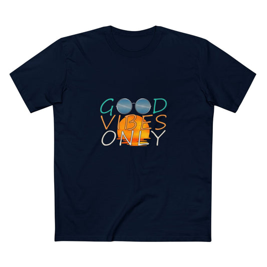 Good Vibes Only T-shirt — front graphic, navy, blue mirrored sunglasses graphic, beach sunset graphic, DTG print.