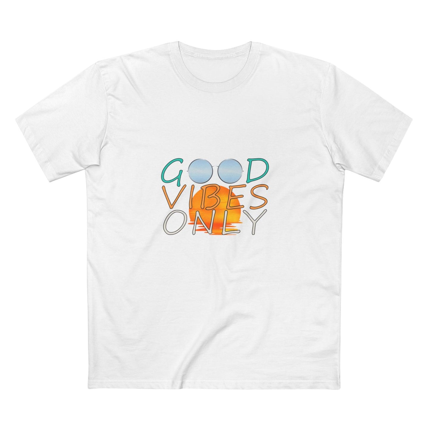 Good Vibes Only T-shirt — front graphic, white, blue mirrored sunglasses graphic, beach sunset graphic, DTG print.