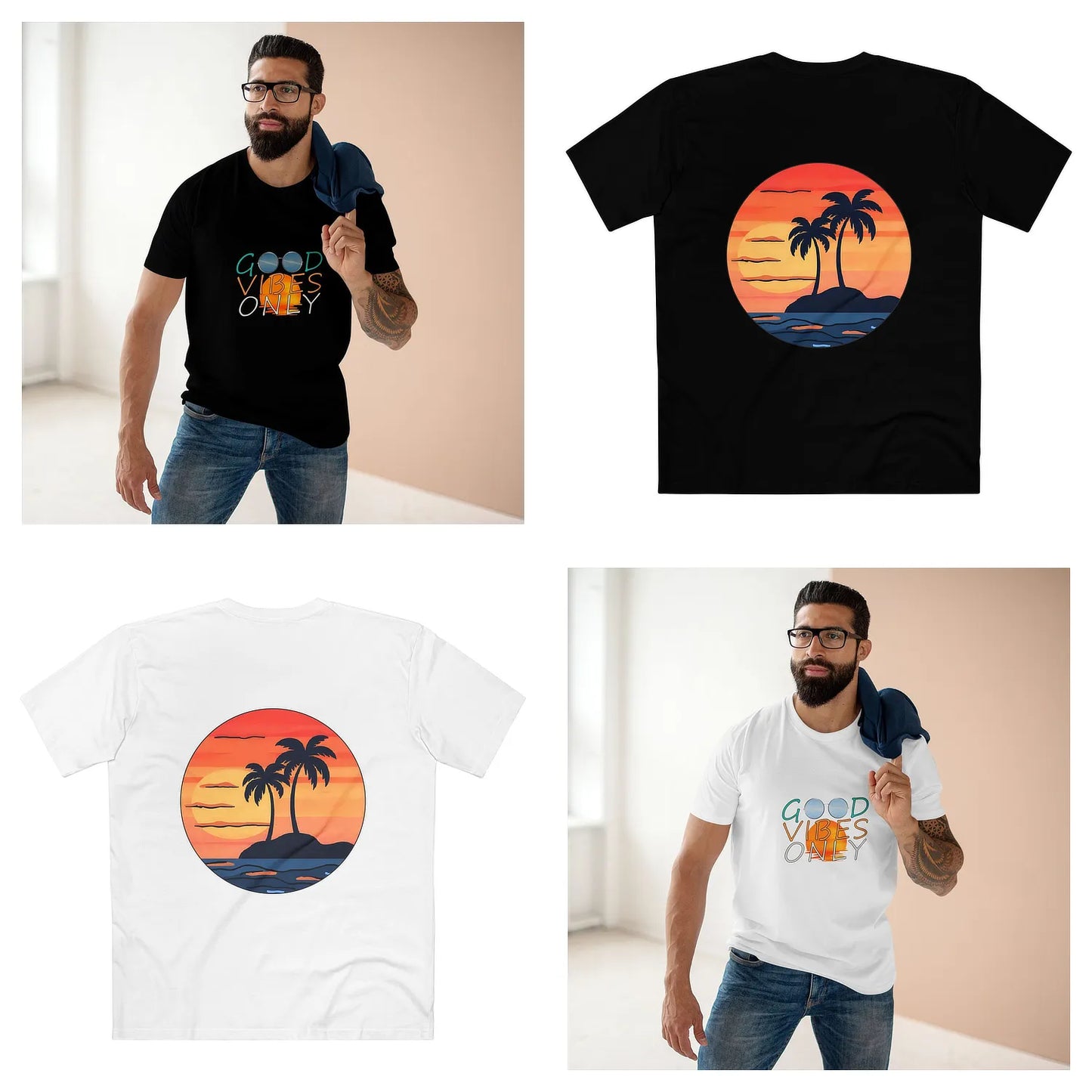 Good Vibes Only T-shirt — lifestyle, black and white, lifestyle front photos with matching back prints.