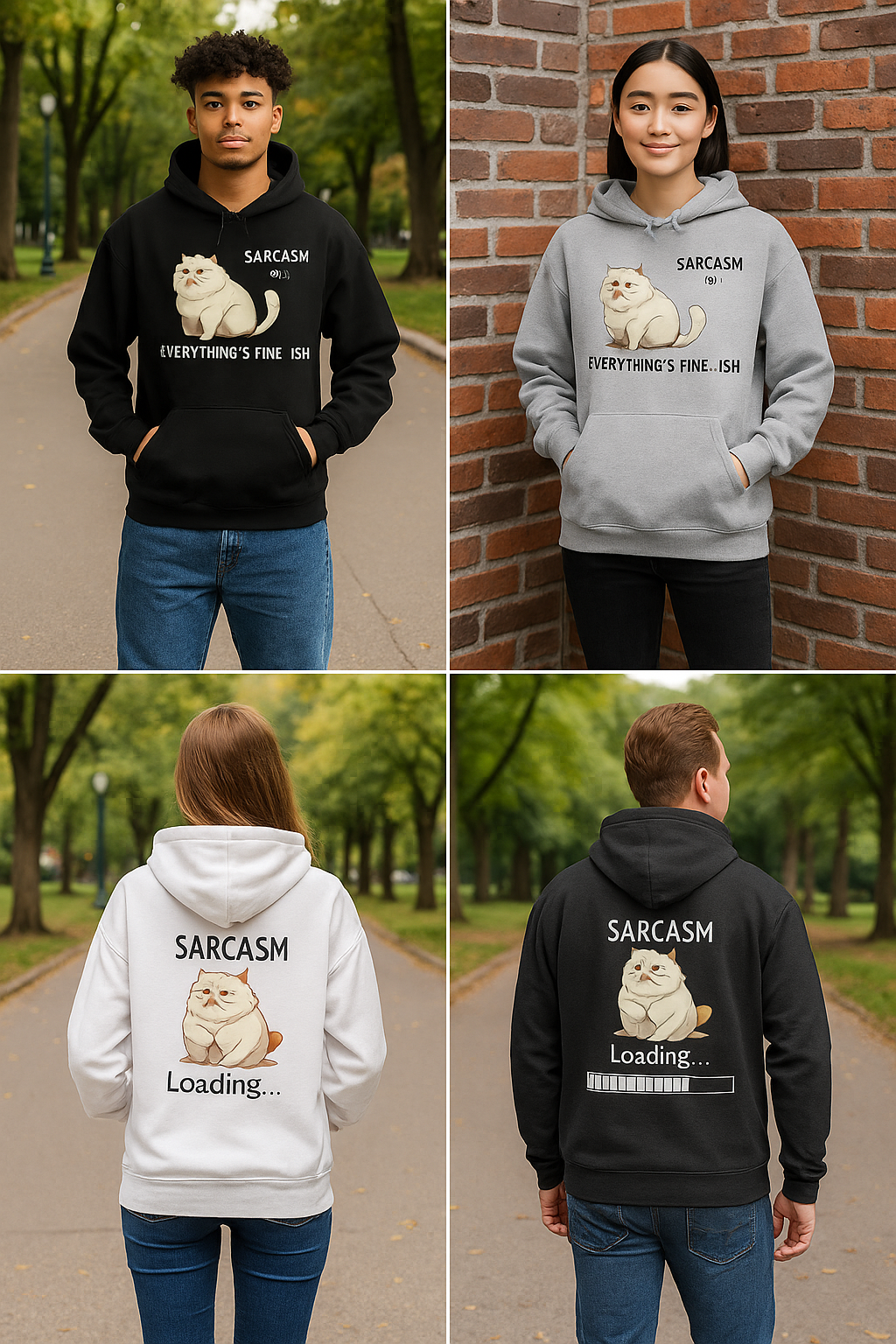 Unisex hoodie lifestyle collage featuring black (front), sport grey (front), white (back), and dark heather (back) sarcastic cat designs, modeled outdoors in varied urban and park scenes.