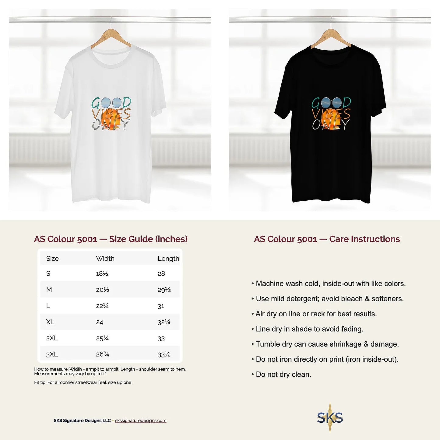 AS Colour 5001 unisex t-shirt collage, black and white context images with size guide and care guide, 2x2 grid