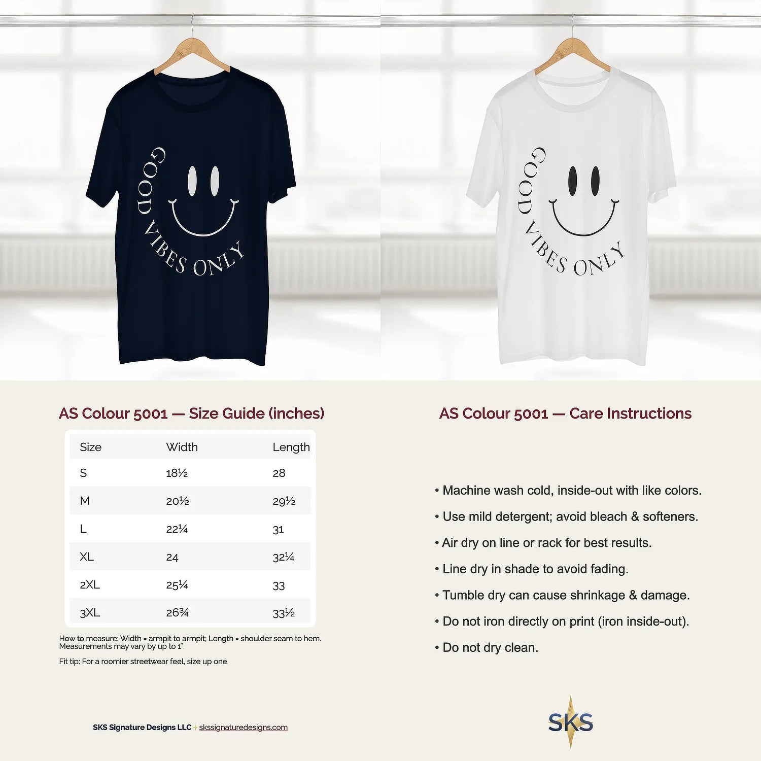 Four-image collage: top-left navy AS Colour 5001 tee context/front; top-right white tee context/front; bottom-left 5001 size guide; bottom-right 5001 care guide; minimalist front-only design.
