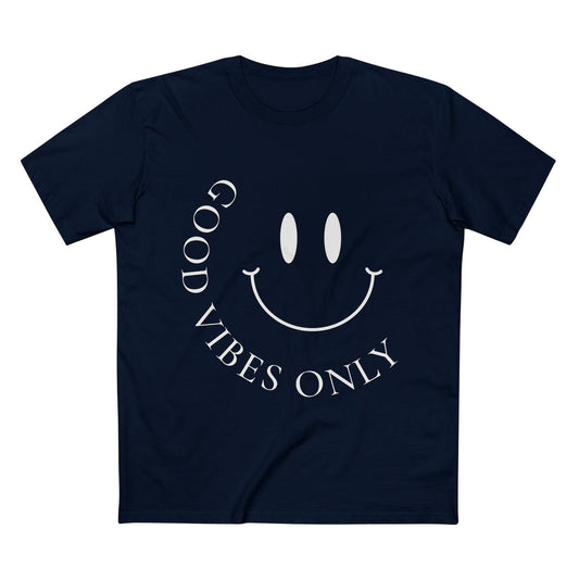 Front view of navy AS Colour 5001 tee with white minimalist “Good Vibes Only” smiley print.