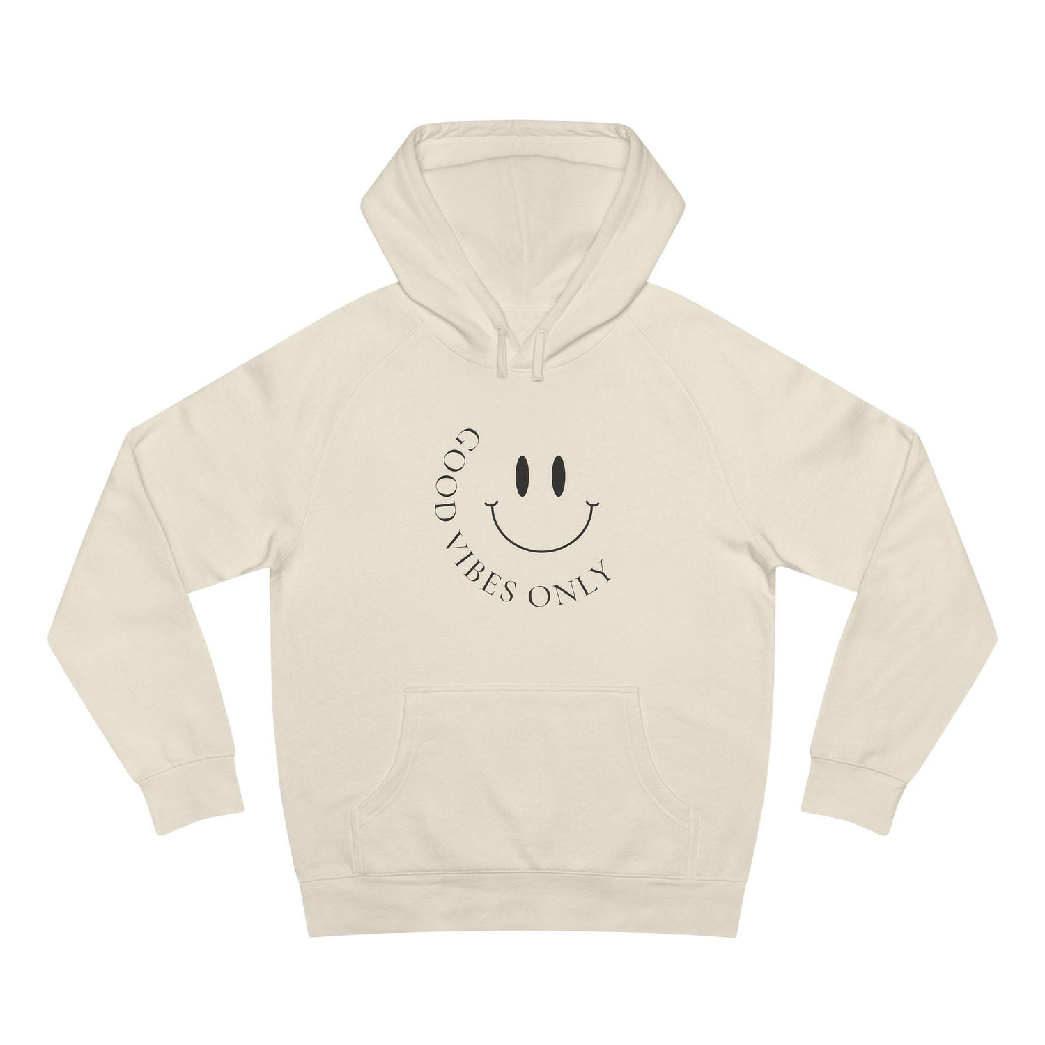 Front view of ecru AS Colour 5101 hoodie with black minimalist “Good Vibes Only” smiley print.