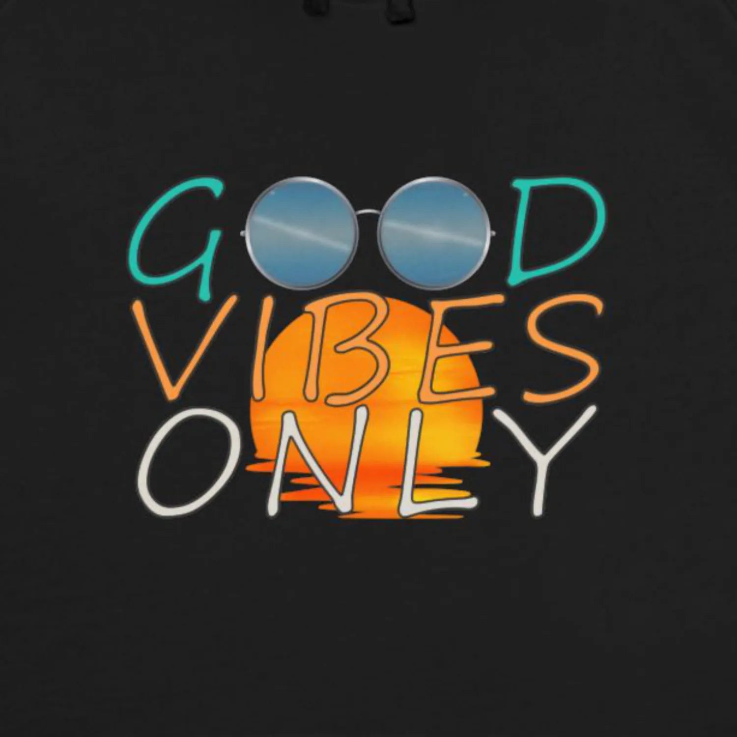 front print close-up, black, good vibes only hoodie, as colour 5101