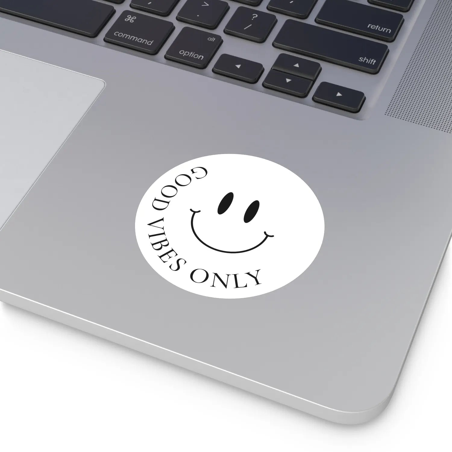 good vibes only smiley sticker on laptop, minimal round design — soft-matte (3-inch)