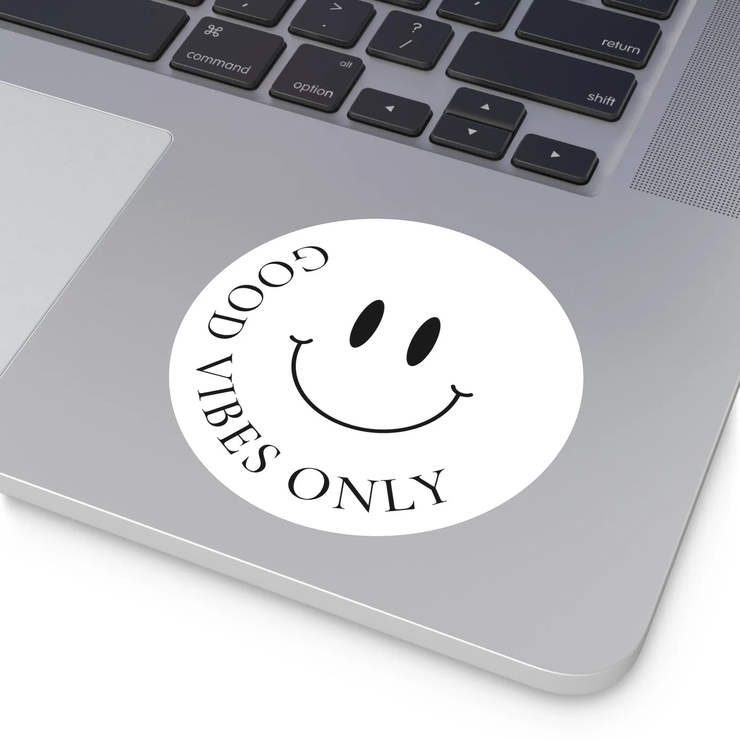 good vibes only smiley sticker on laptop, minimal round design — soft-matte (4-inch)