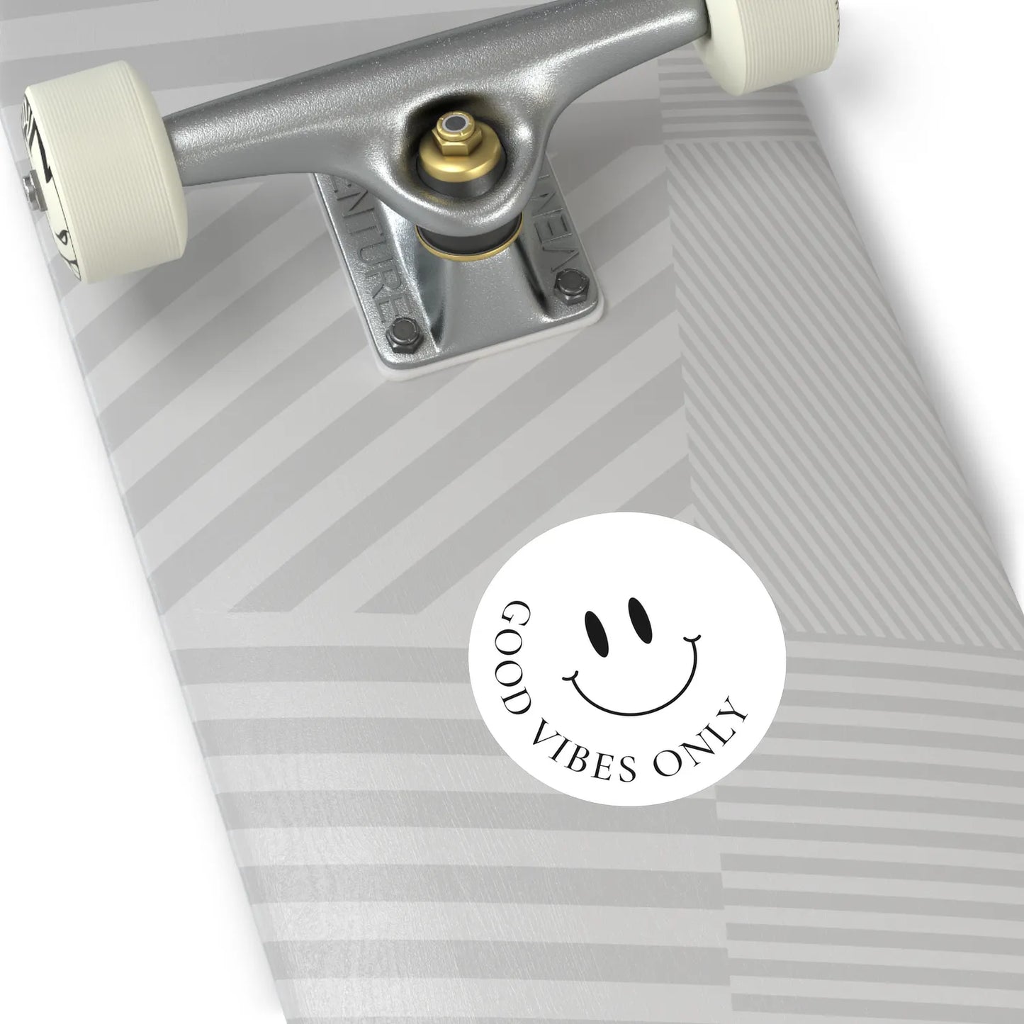 good vibes only smiley sticker on skateboard, minimal round design — soft-matte (3-inch)