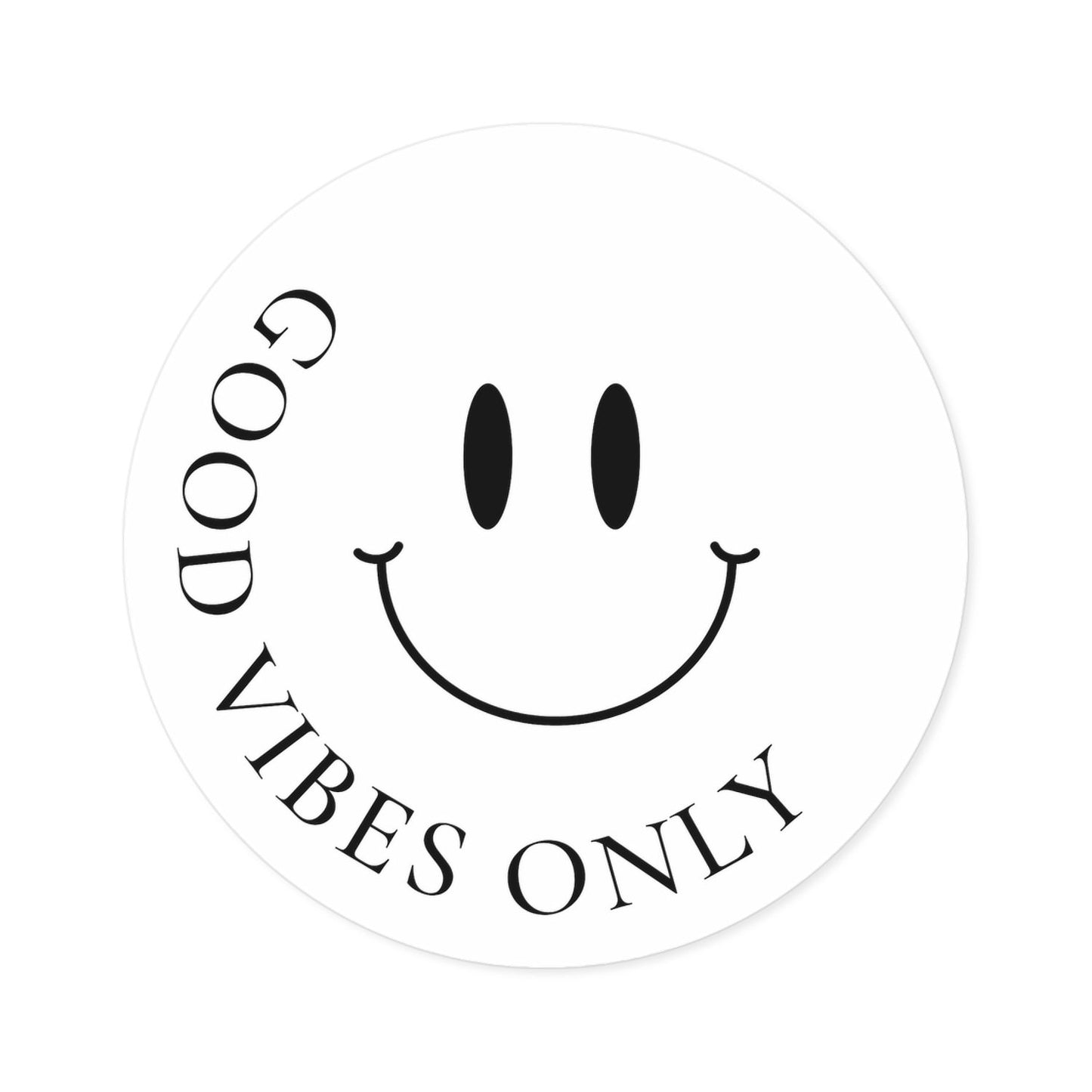smiley face vinyl sticker, black line art on white, round, waterproof, matte