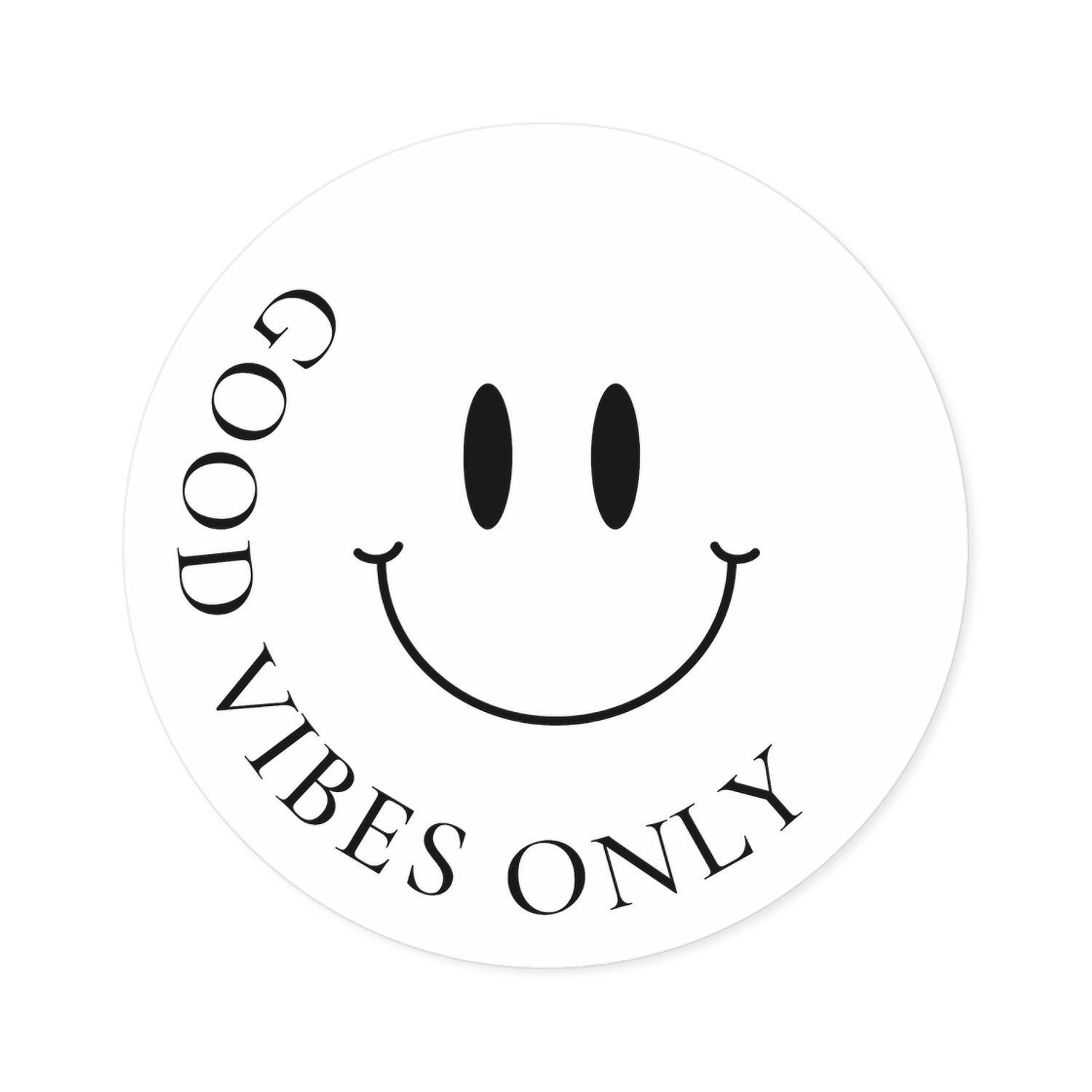 smiley face vinyl sticker, black line art on white, round, waterproof, matte