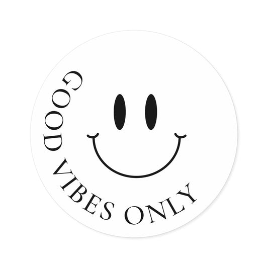 smiley face vinyl sticker, black line art on white, round, waterproof, matte