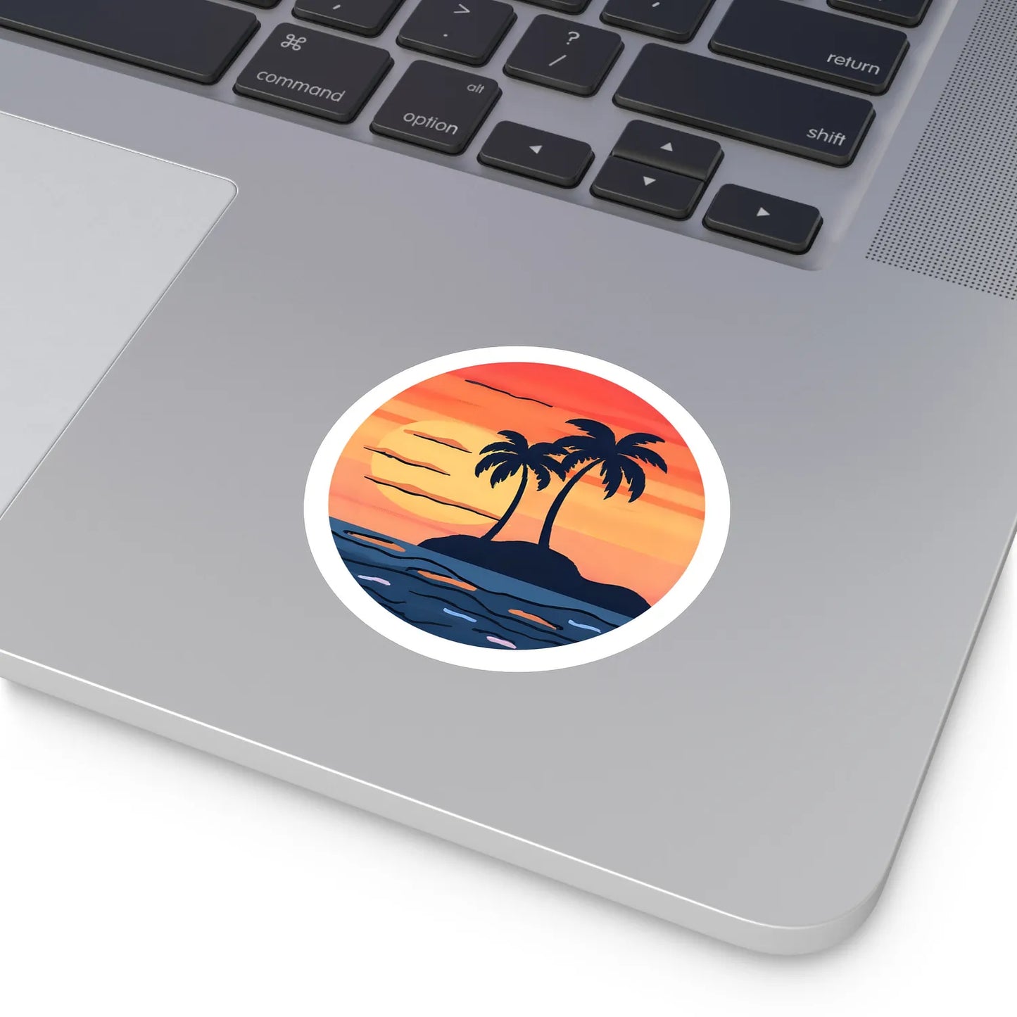 good vibes only sunset palms round sticker on laptop — soft-matte (3-inch)