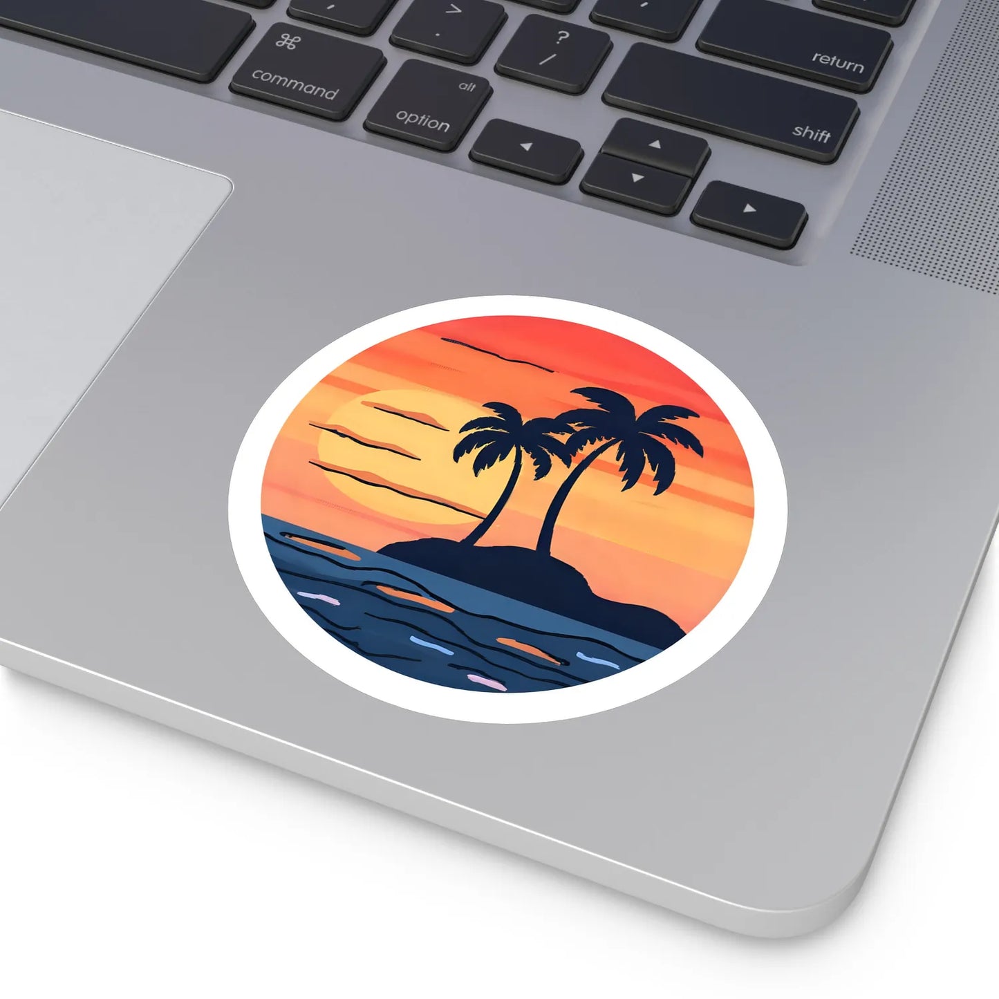 good vibes only sunset palms round sticker on laptop — soft-matte (4-inch)