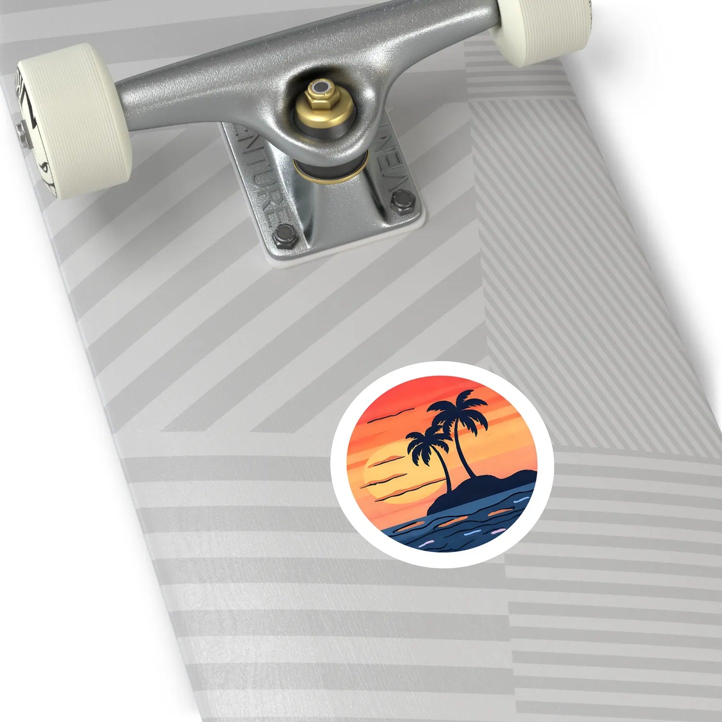 good vibes only sunset palms round sticker on skateboard — soft-matte (3-inch)