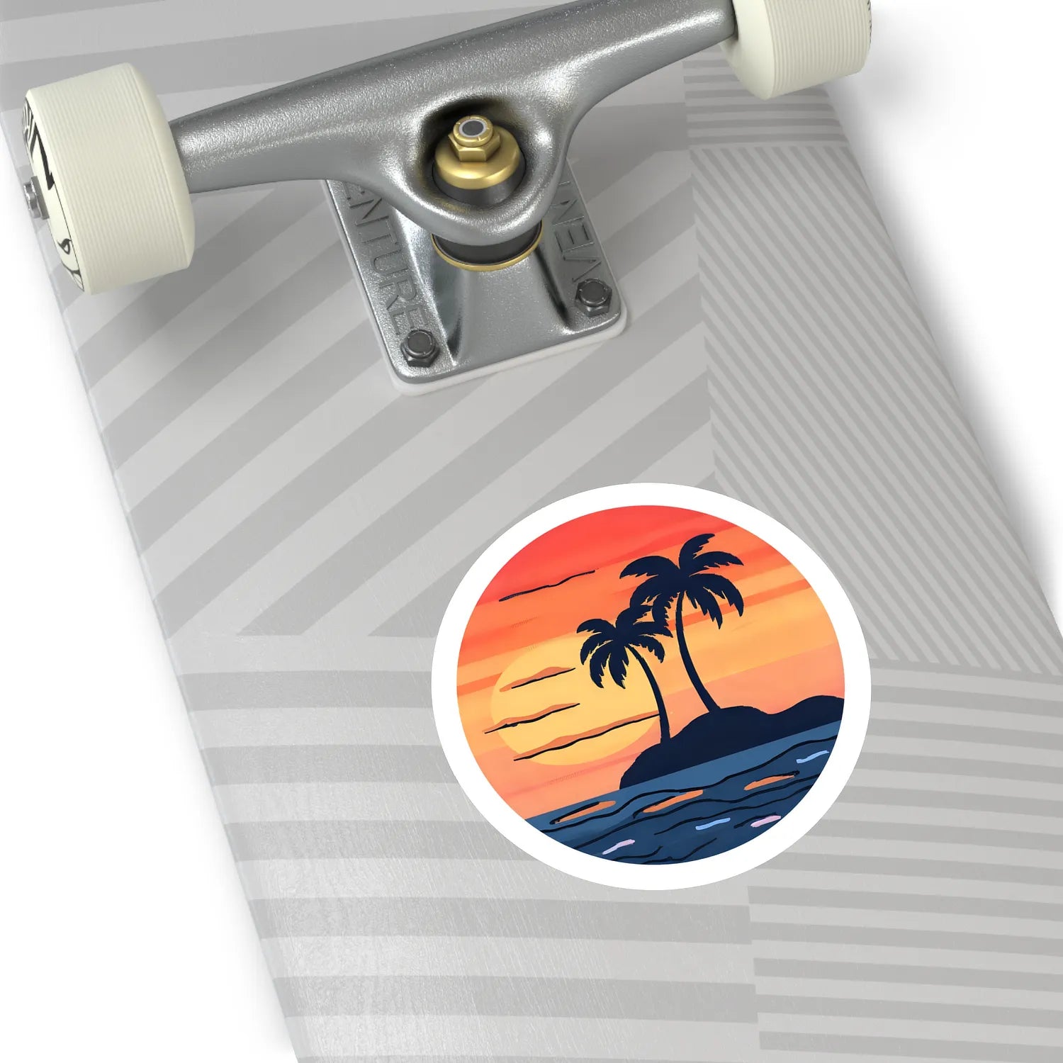 good vibes only sunset palms round sticker on skateboard — soft-matte (4-inch)
