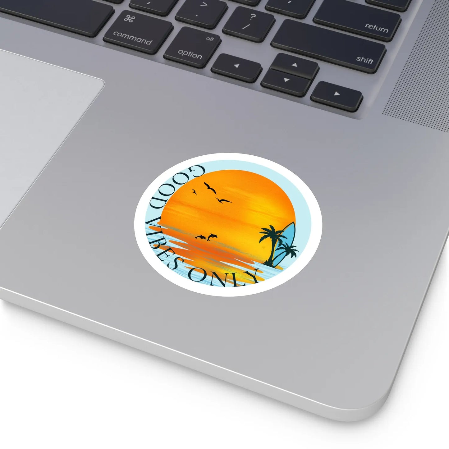 good vibes only sunset surfboard round sticker on laptop — soft-matte (3-inch)