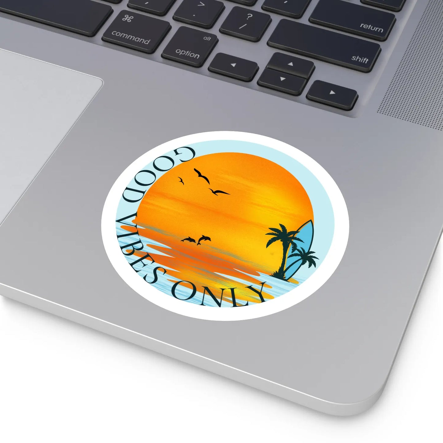 good vibes only sunset surfboard round sticker on laptop — soft-matte (4-inch)