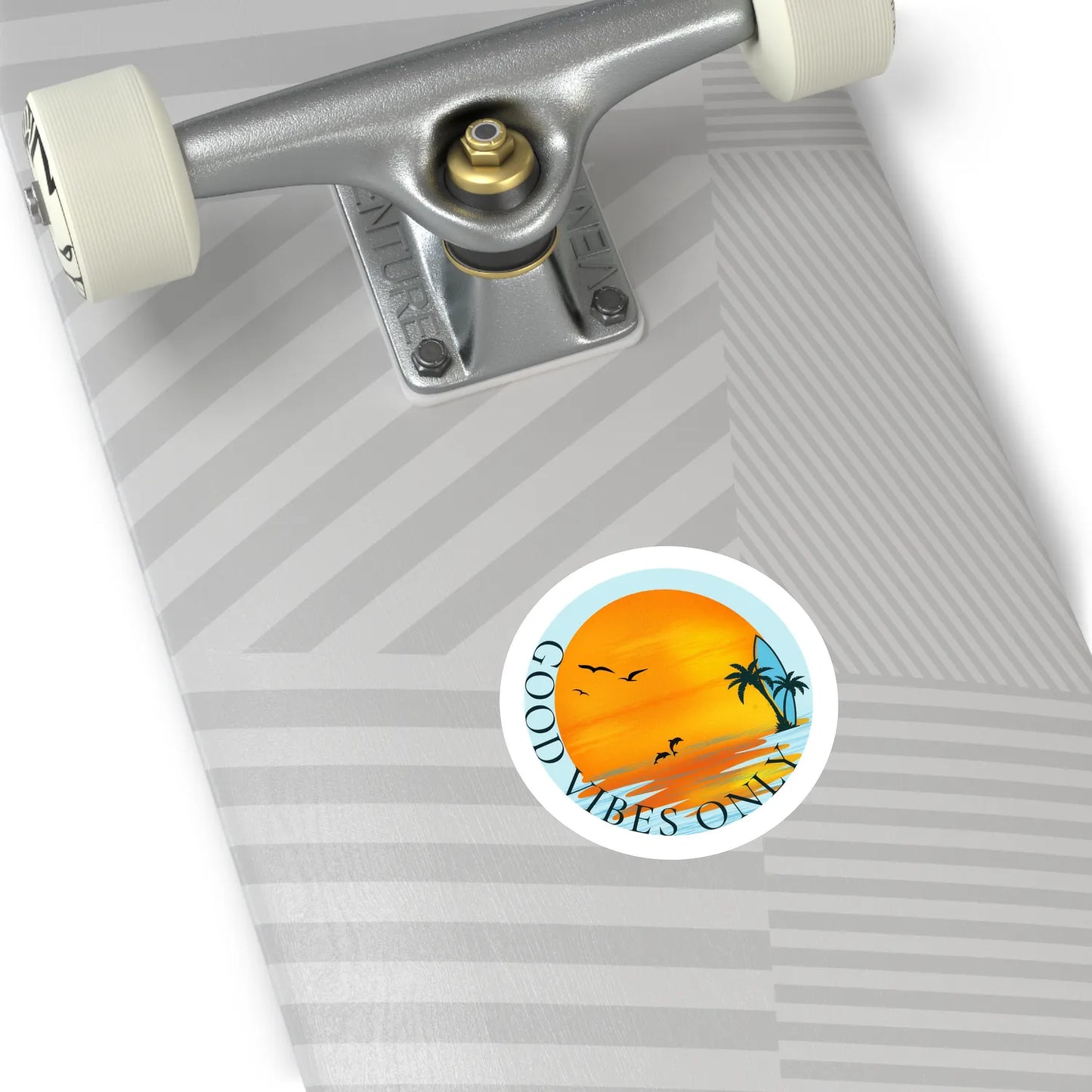 good vibes only sunset surfboard round sticker on skateboard — soft-matte (3-inch)