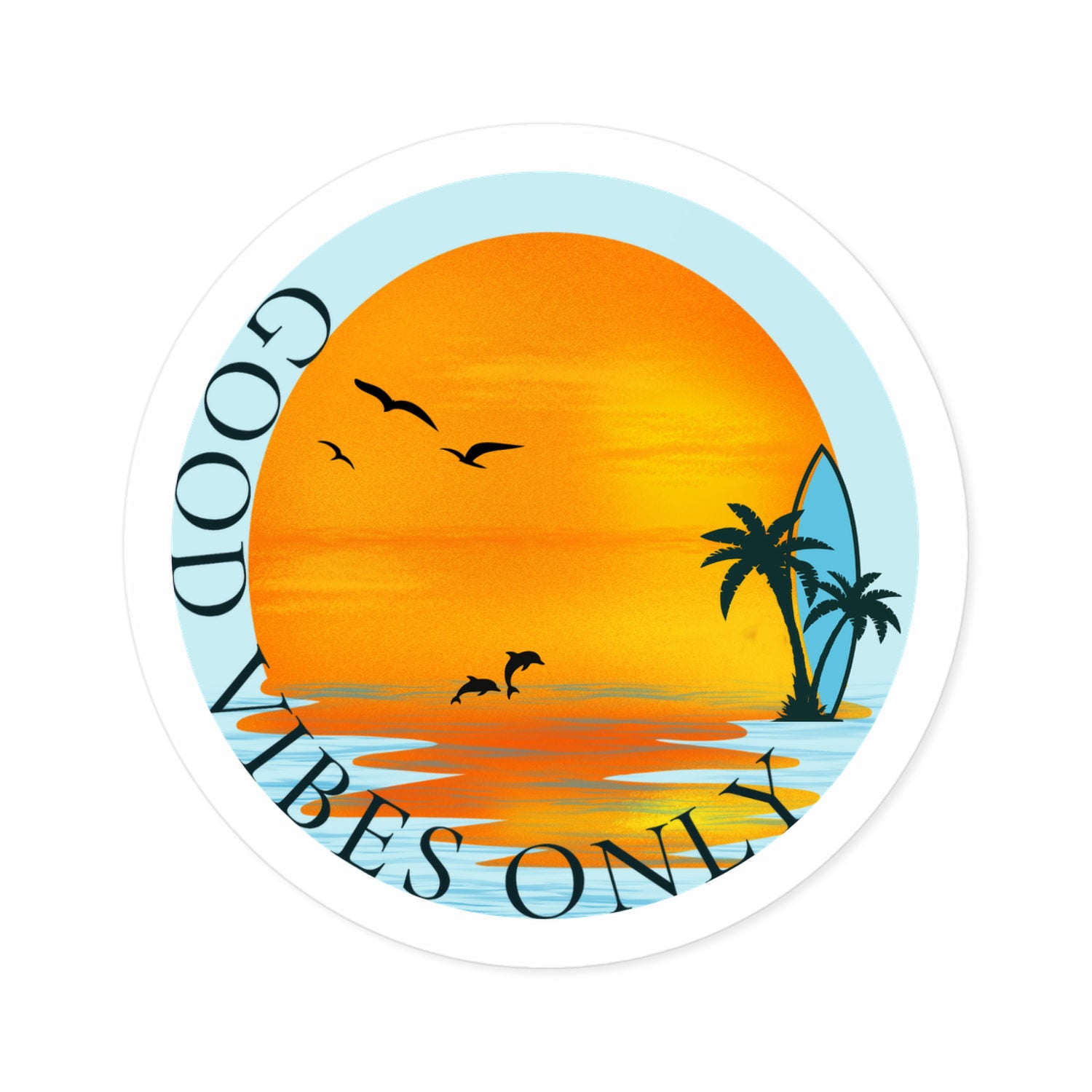 round sunset surfboard vinyl sticker, orange gradient, waterproof, matte