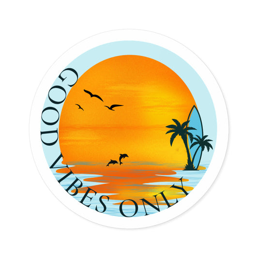 round sunset surfboard vinyl sticker, orange gradient, waterproof, matte