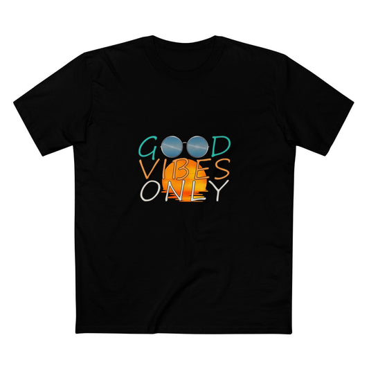 Good Vibes Only T-shirt — front graphic, black, blue mirrored sunglasses graphic, beach sunset graphic, DTG print.
