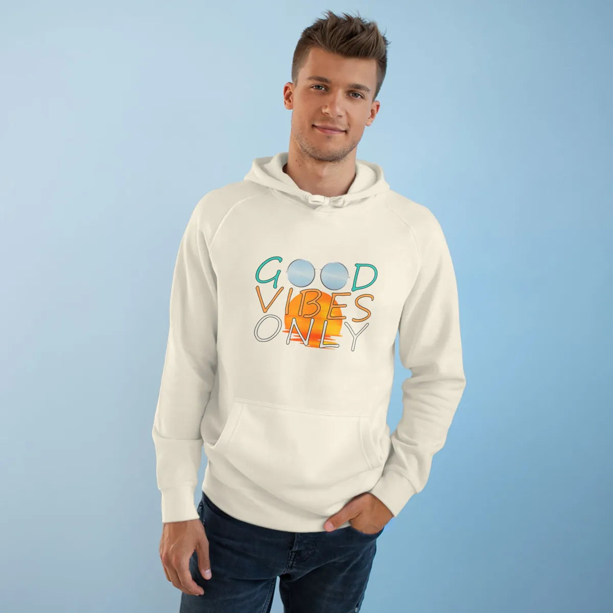good vibes only hoodie front lifestyle, acru, mobile