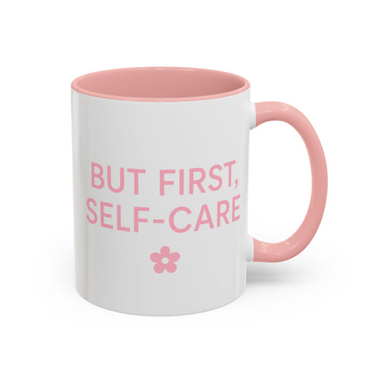 Pink 11oz coffee mug side view showing design wrap & floral accent, cheerful self-care gift for women