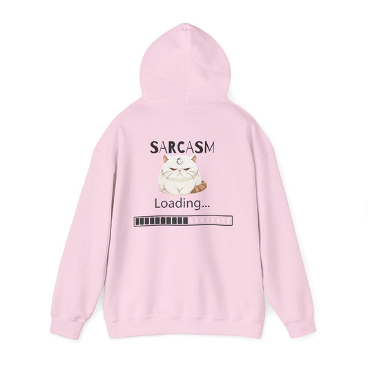 Light pink hoodie back view with unimpressed cat graphic, “SARCASM” text above, and “Loading…” bar below